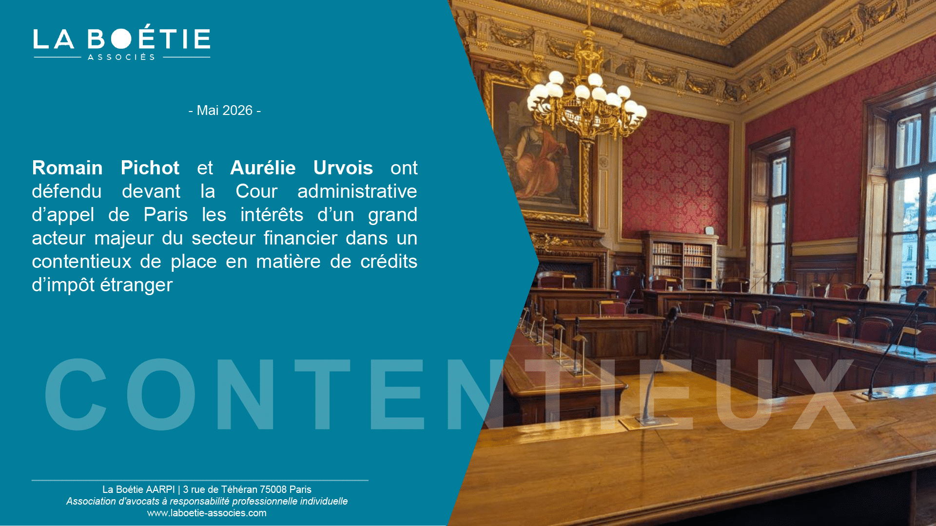 Salle d'audience de la Cour administrative d'appel de Paris – contentieux des crédits d'impôt étranger défendu par La Boétie Associés